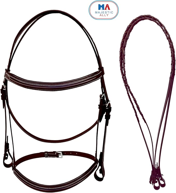 Majestic Ally Padded Raised English Bridle, Premium Leather, Matching Laced Reins