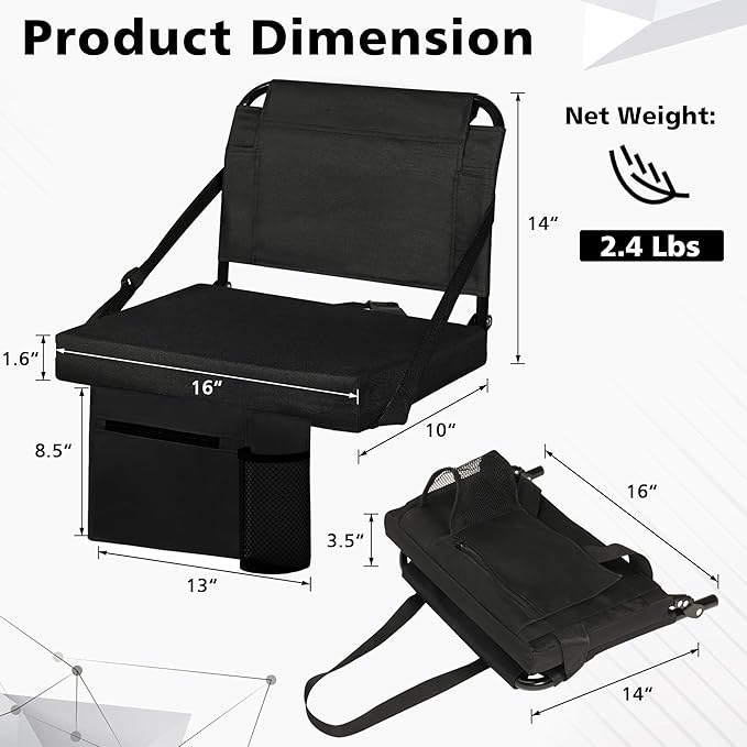Stadium Seats for Bleachers with Back Support Bleacher Seat Soft Cushion Light Weight Includes Shoulder Strap & Cup Holder, Front & Back Zipper Pocket, Suitable for Sports Events,Black