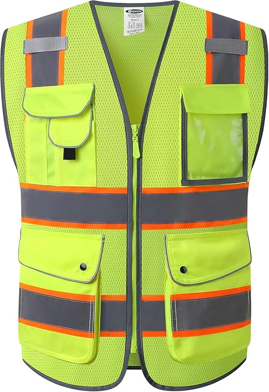 JKSafety 9 Pockets Hi-Vis Neon Yellow Zipper Front MESH Safety Vest with Fluorescent Orange Extend Edge outlining the Reflective Tapes Meet ANSI/ISEA Class 2 Standard (100 Yellow, S)