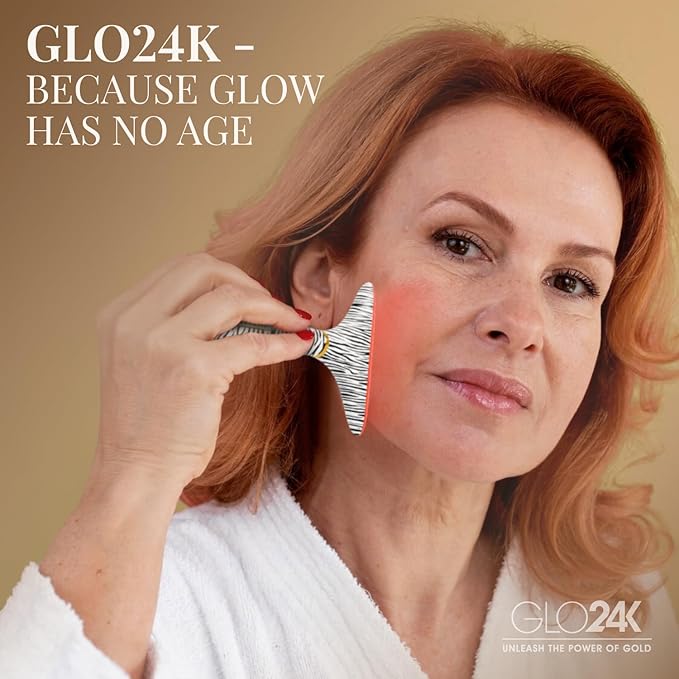 GLO24K レッドライト フェイス＆ネック美容デバイス – 7-in-1 フェイシャルマッサージャーツールおよびネックケアデバイス（ネックラインケア、女性用フェイス＆ネックマッサージャー）