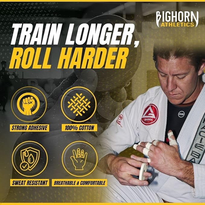 Bighorn Athletics Jiu Jitsu Finger Tape | Residue-Free Athletic Finger Tape for Sports & Injuries: Rock Climbing, Volleyball, Football, Basketball, Hands & Toes | 0.3-Inch x 45-feet, 8-Rolls, White