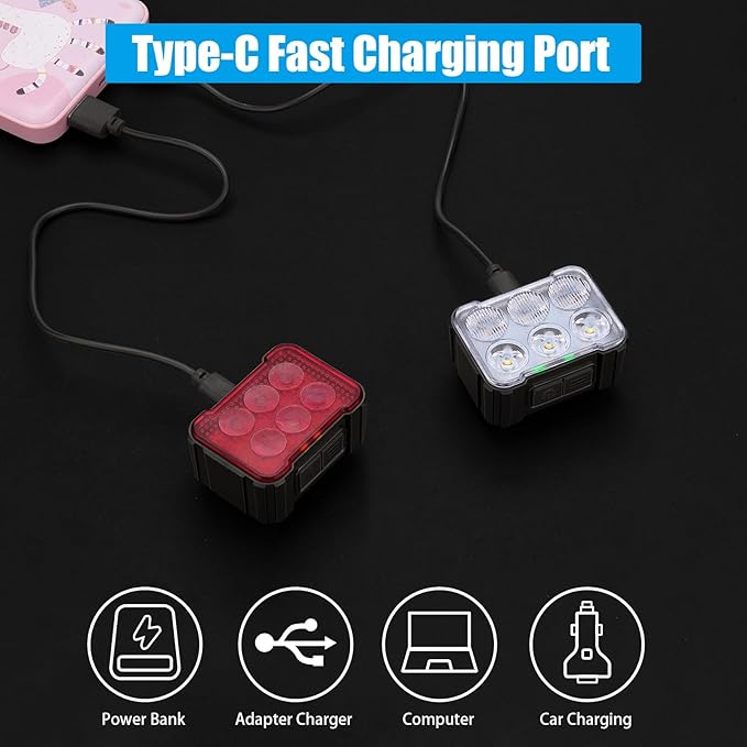 2 Pcs Bike Light,Bicycle Lights Front and Rear,USB Rechargeable Bike Light Set 6+12Modes,IPX4 Waterproof Bike Lights for Night Riding or Cycling,Taillights with Internal Spot and External Flood Light