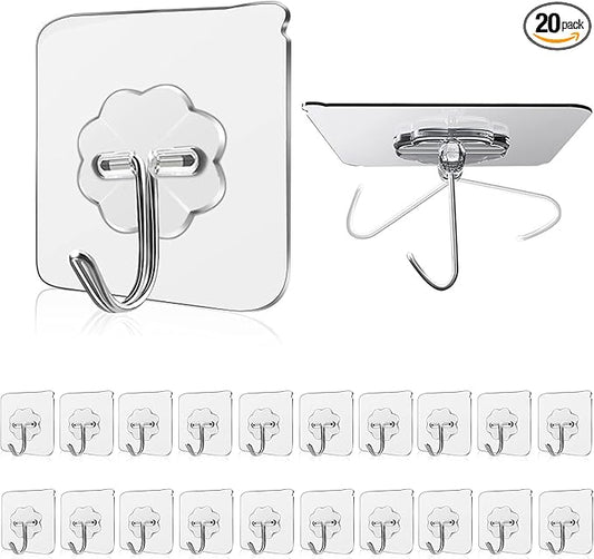 Wall Hooks - 33 lbs Max, Transparent, Seamless, Waterproof & Oilproof - Heavy Duty Adhesive Coat & Towel Hooks(20 Pack)