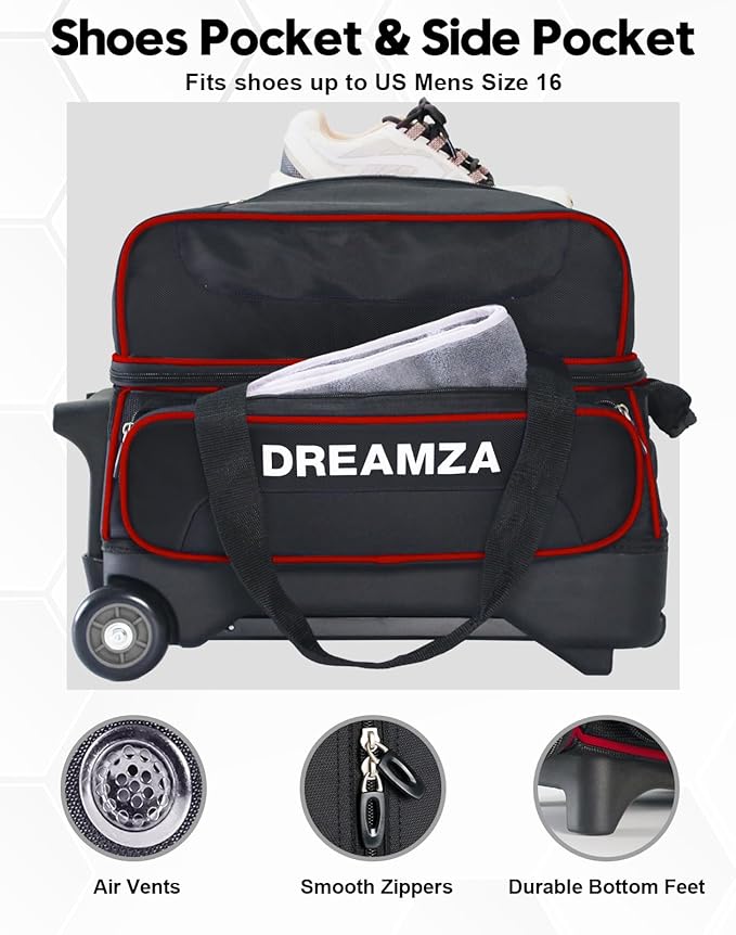 2 Ball Bowling Bag with Wheels, Double Bowling Ball Bag 2 Ball Roller w/Separate Compartment for Shoes Up to US Mens Size 16, w/Retractable Handle Extends to 40" & Accessories Pocket