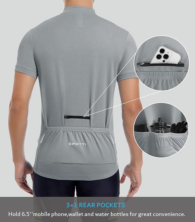 Spotti Men's Cycling Bike Jersey Short Sleeve with 3 Rear Pockets- Moisture Wicking, Breathable, Quick Dry Biking Shirt
