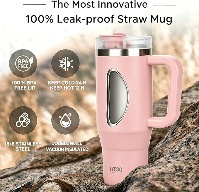 TYESO Vacuum Insulated Tumbler Water Bottle Cold Insulation Stainless Steel Bottle Straw Handle Mug Double Wall Wide Mouth (PINK, 40 oz)