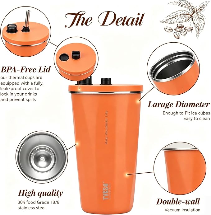 TYESO Stainless Steel Tumbler with straw inside Stainless steel wide-mouth vacuum insulation home office outdoor multi-color thermal and cold insulation cover with 20oz (Orange, 20 oz)