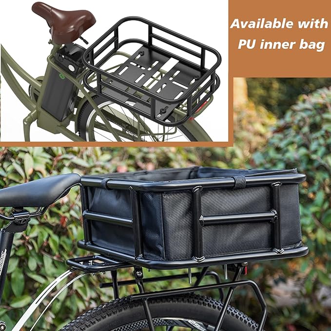 Bike Basket Rear, Bicycle Basket with Liner,Waterproof Cover,Cargo Net, Large Bike Back Baskets, Heavy Duty Rear Bicycle Baskets for Most Bikes and E-Bike
