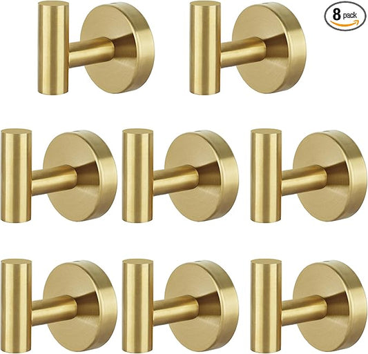 8 Pcs Bathroom Robe Towel Hooks Coat Wall Hook Stainless Steel Heavy Duty Door Hanger Towel Robe Clothes Cabinet Closet Sponges Hook for Bathroom Bedroom Kitchen Hotel Pool (Gold)