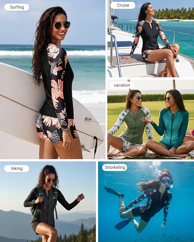Holipick Long Sleeve Swimsuits for Women - 3 Piece Rash Guard with Shorts Zipper SPF Swim Shirt with Built in Bra