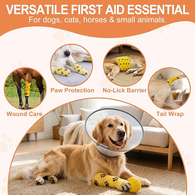 6 Rolls Vet Wrap Cohesive Bandage, Self Adhesive Non-Woven Pet First Aid Tape for Dogs, Cats, Horses, Wound Care, Sticks Only to Itself, Safe & Comfortable, 2 Inch x 5 Yards