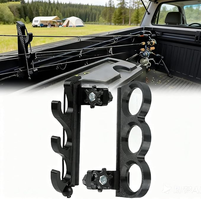 Fishing Rod Holder for Truck Bed, Truck Bed Fishing Rod Holder with 3-Rod Capacity & Adjustable Bungee Straps, Quick-Access Fishing Pole Rack for Truck, Easy Mount Organizer for Anglers