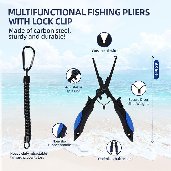 RAWILL Fishing Kit,Filleting Knife,Hook Remover,Fish Grip, Line Cutter,Fishing Scale, Pliers with Lanyards,Not Include Batteries