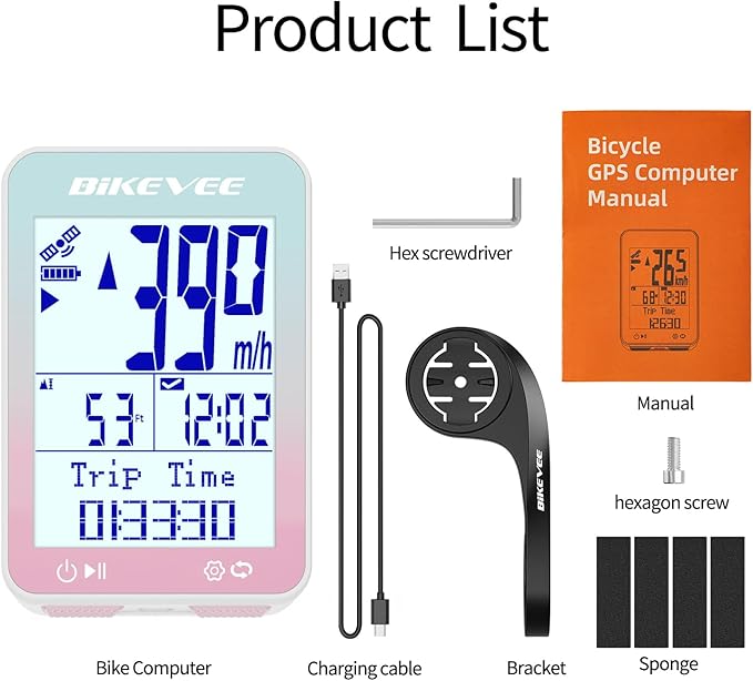 GPS Bike Computer Wireless Bicycle Speedometer Odometer 9 Languages Auto Backlight Auto Start Stop IPX7 Waterproof 2.4 Inch LCD Supports MPH KMH