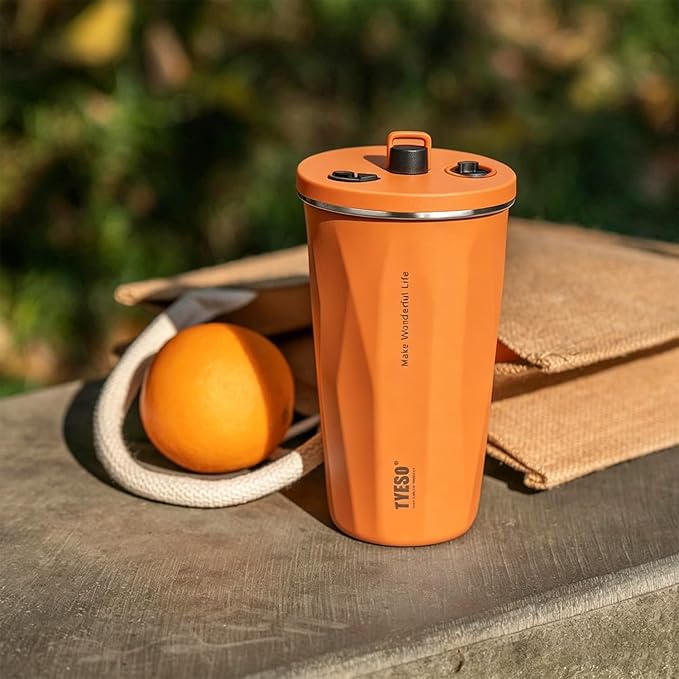 TYESO Stainless Steel Tumbler with straw inside Stainless steel wide-mouth vacuum insulation home office outdoor multi-color thermal and cold insulation cover with 20oz (Orange, 20 oz)