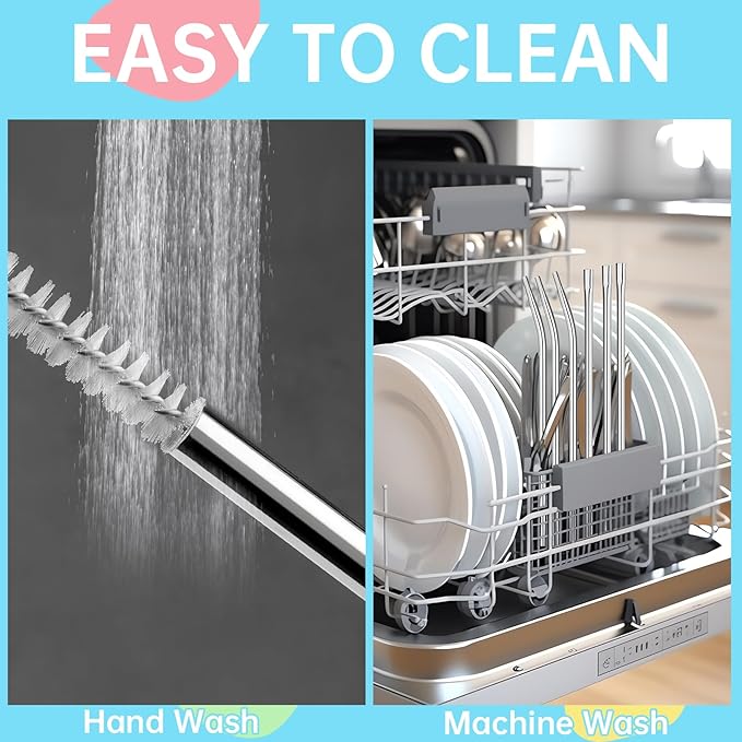 NiHome 6PCS 12" Anti-Wrinkle Flat Tip Reusable Stainless Steel Straws for Stanley 30oz 40oz Tumblers, Wrinkle Free Metal Drinking Straws Lip-Friendly for Iced Coffee, Water (Silver, 6 Straight)