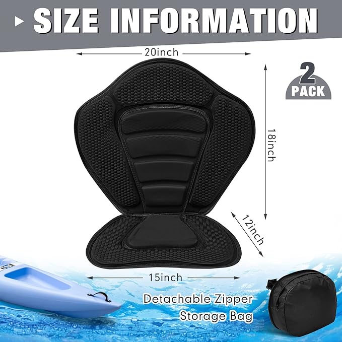 Lewtemi 2 Pack Kayak Seats with Back Support Adjustable Sit on Top Padded Boat Seat with Detachable Storage Bag and 8 Fixed D Ring and Screws
