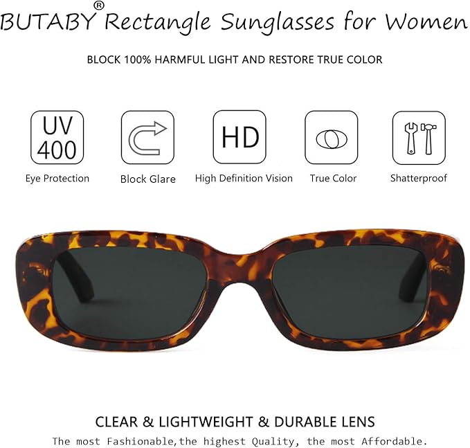 BUTABY Rectangle Sunglasses for Women Retro Driving Glasses 90’s Vintage Fashion Narrow Square Frame UV400 Protection