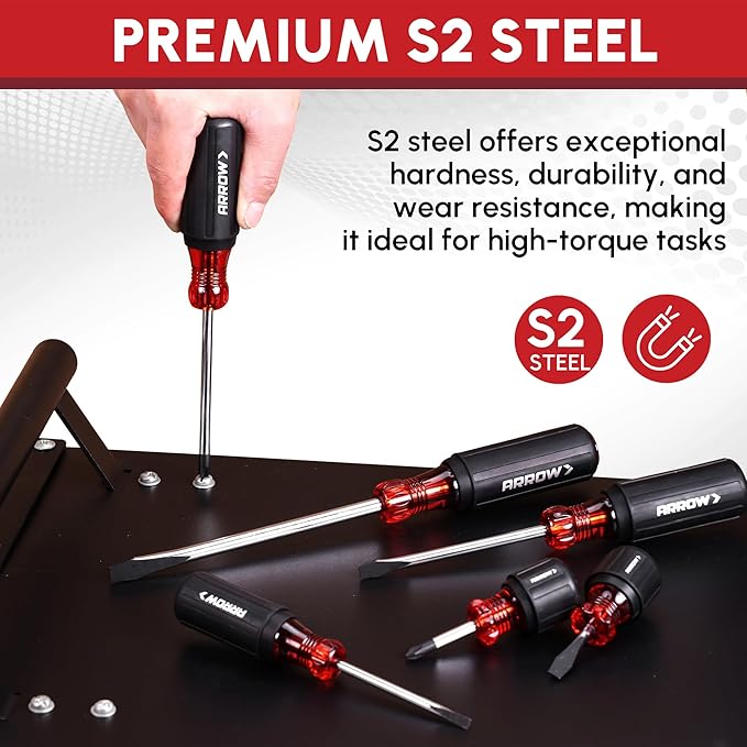 ARROW 8 PCS Magnetic Screwdriver Set, Professional S2 Steel Screw Driver Kit with Non-Slip Grip, Stubby Screwdrivers, Magnetic Phillips and Flathead Tips, for Home and Industrial Use