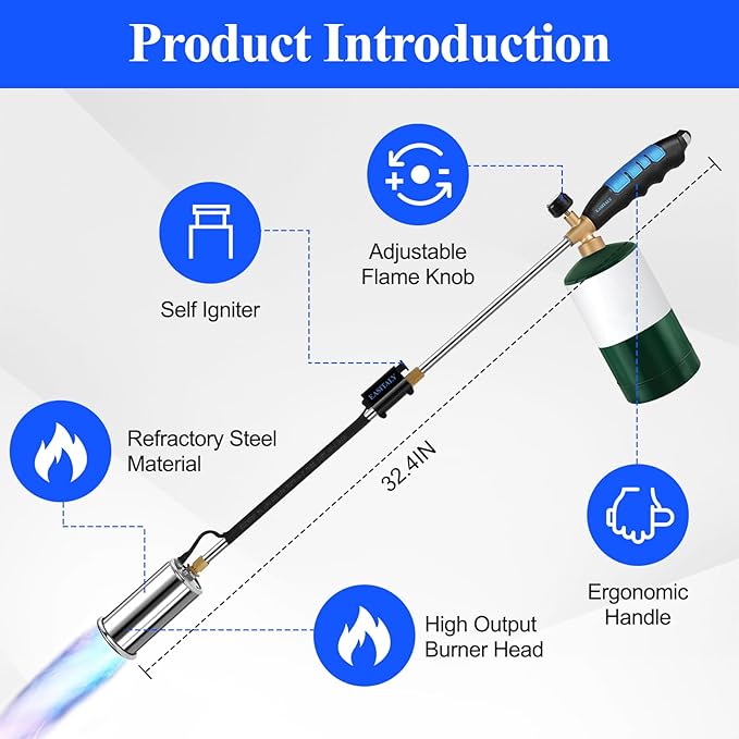 Weed Torch Propane Burner, 32" Blow Torch Flame Thrower, Weed Burner with Self Igniting and Anti-slip Rubber Handle for Weeding, Charcoal Starter, Ice Melting(Fuel Not Included)