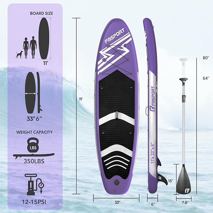 FBSPORT 11' Premium Stand Up Paddle Board, Yoga Board with SUP Accessories & Carry Bag | Wide Stance, Surf Control, Non-Slip Deck, Leash, Paddle and Pump for Youth & Adult