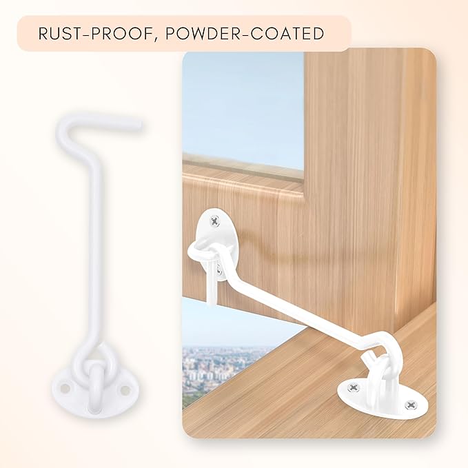 Eco-Fused 5-inch Heavy Duty Hook and Eye Latch - 1x Barn Door Lock (White), 4X Mounting Screws - Powder Coated Stainless Steel Hooks for Door, Windows, Sheds, Fences, Gates, Closets, Cabinets