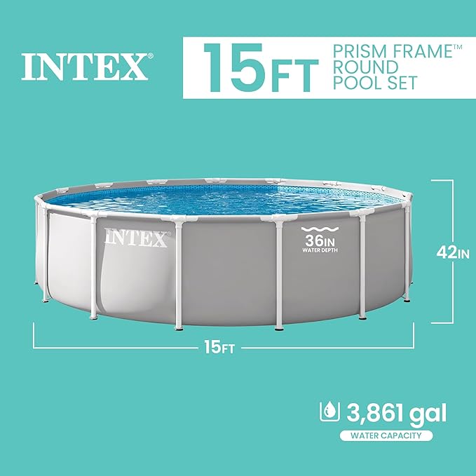 INTEX Prism Frame 15 ft x 42 in Above Ground Pool Set, Round Swimming Pool with Steel Frame, 1000 GPH Cartridge Filter Pump, Ladder, Cover, & Ground Cloth