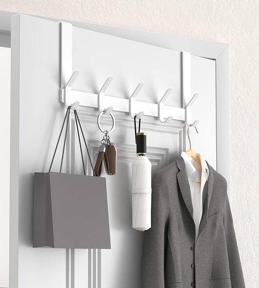 KitchLife Over The Door Hooks with 7" Extended Arms, Fits 1-3/4" Doors, J18U, Heavy Duty Bathroom & Closet Towel Rack, Double-Hooks Hanger 1 Pack, Glossy White
