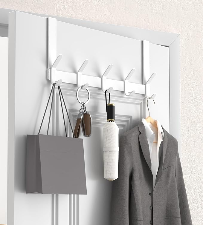 KitchLife Over The Door Hooks with 7" Extended Arms, Fits 1-3/8" Doors, J18U, Heavy Duty Bathroom & Closet Towel Rack, Double-Hooks Hanger 1 Pack, Glossy White