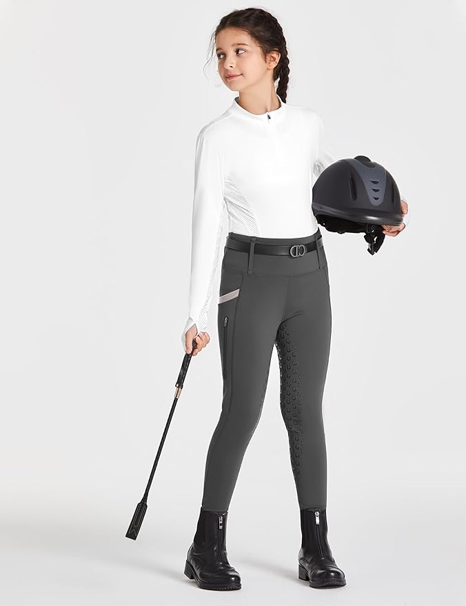 FitsT4 Sports Girls Riding Pants Full Seat High Waist Kids Equestrian Breeches Horse Schooling Tights Zipper Pockets