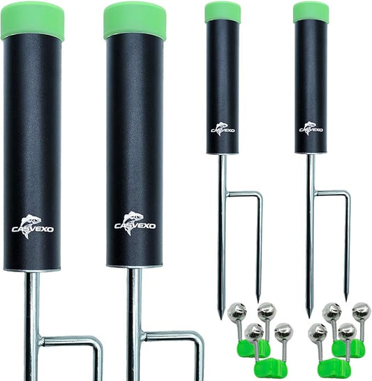4パック 釣り竿ホルダー、地面用アルミ釣り竿ホルダー、土手釣り用竿ホルダー、ダブルスパイクサポート、無料アラームベル4個