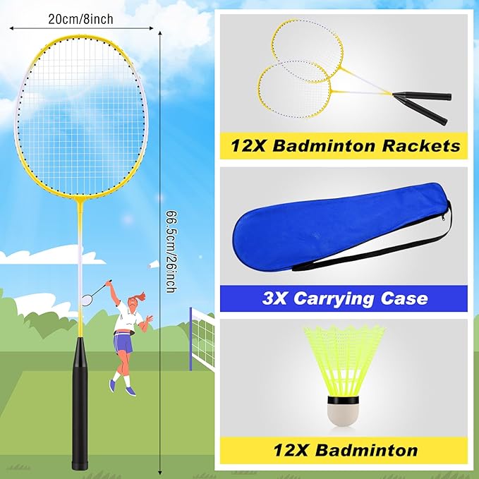 12 Pack Badminton Rackets Set Including Badminton Racquets, Nylon Shuttlecocks and Carry Bag for Outdoor Backyard Games Beginners