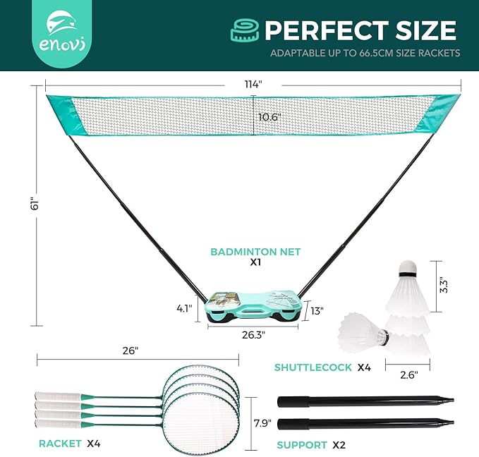 EasyGo Badminton Set, with Net, 4 Racket, 4 Birdies, Portable Storage Box, for Backyards, Outdoor Games, Yard Games
