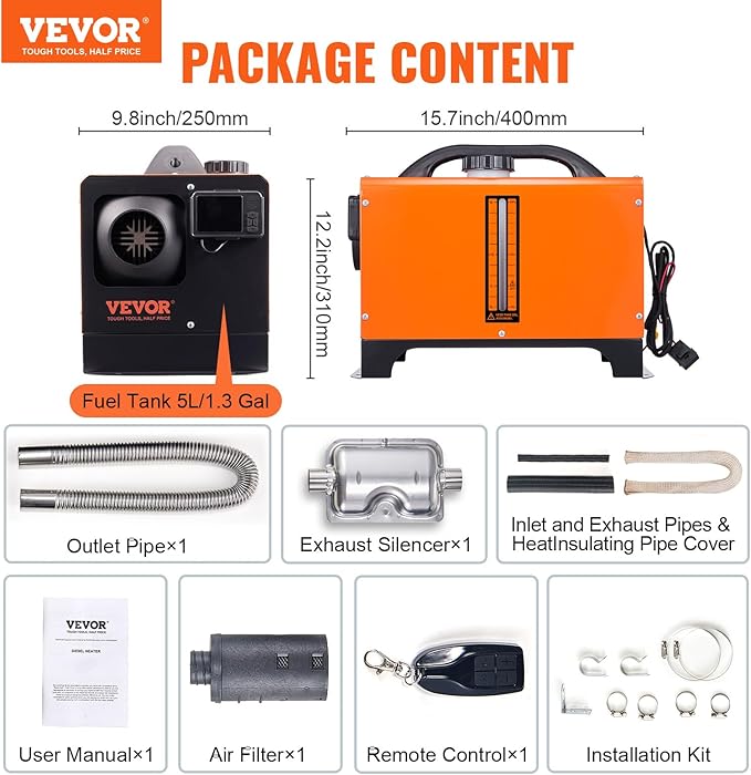 VEVOR Diesel Heater, 12V All-in-one Diesel Air Heater with Remote Control and LCD Display, 5L Fuel Tank Fast Heating Portable Diesel Parking Heater for RV, Truck, 8KW, Upgrade - APP Control, Orange
