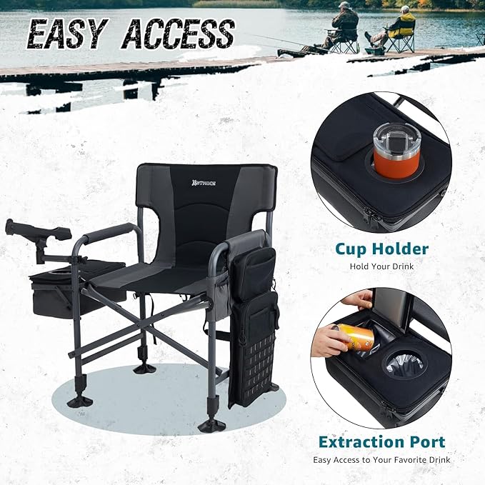 X Strike Fishing Chairs with Rod Holder, Folding Ice Fishing Chair for Adults Outdoor Camping Chair Leg Adjustable with Cooler Bag and Storage Bag for Camp, Lawn, Patio, Garden (Black)