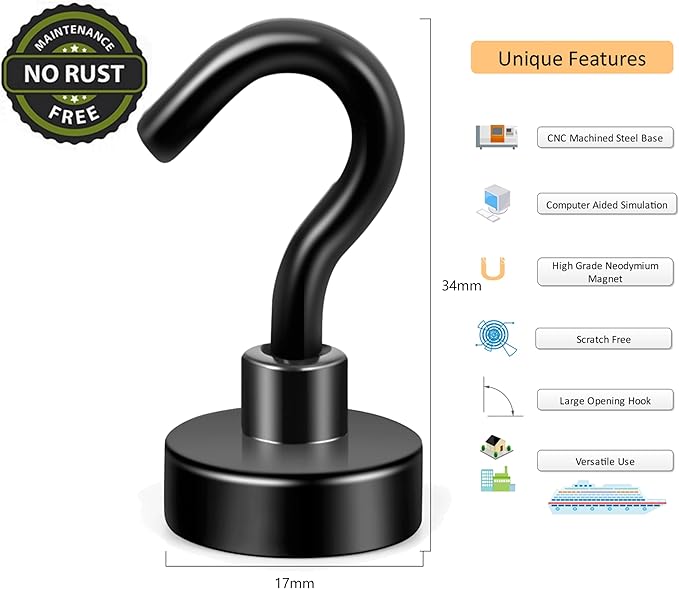 Neosmuk Magnetic Hooks, Heavy Duty 30lb+ Strong Magnet Hook for Cruise Cabins, Cruise Ship Essentials for Hanging, Metal Wall Refrigerator Hangers (Black, 10 Pack)
