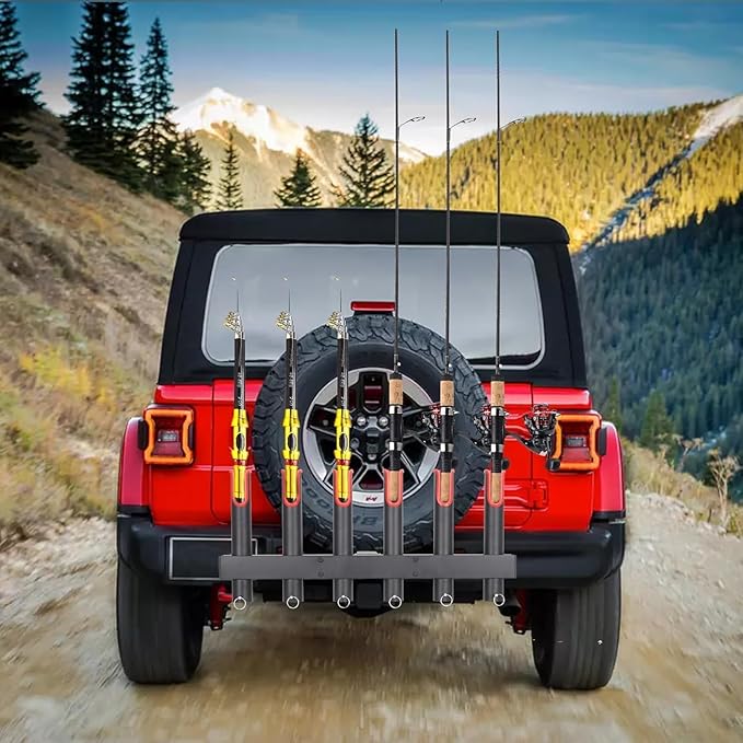 Hitch Fishing Rod Holder for Truck, 4/6-Tube Stainless Steel Rod Rack Fits 2 " Hitch Receiver, with Quick Release Pin, Reflective Safety Strips