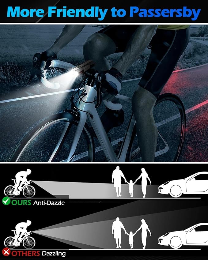 Bike Lights, 6+4 Modes Rechargeable Type-C Bike Light for Night Riding, Anti-Dazzle High Lumen LED Bike Lights Front and Rear, Bicycle Light Set Front and Back for Kids, Road, Cycling, Biking
