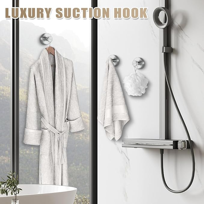 Suction Cup Hooks for Shower No-Drill Bathroom Hooks for Towels, Robes, Loofah Mountable on Bathroom Walls, Kitchen, Glass, Mirrors, Tile and Smooth,Non-Porous Surfaces (2, Brushed Nickel)