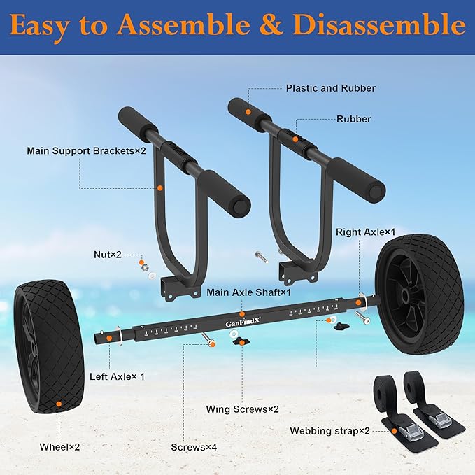 GanFind Kayak Cart Canoe Trolley Carrier Kayak Accessories Transport Dolly with Solid Foam Wheels Detachable Frame Pole and Crossbar