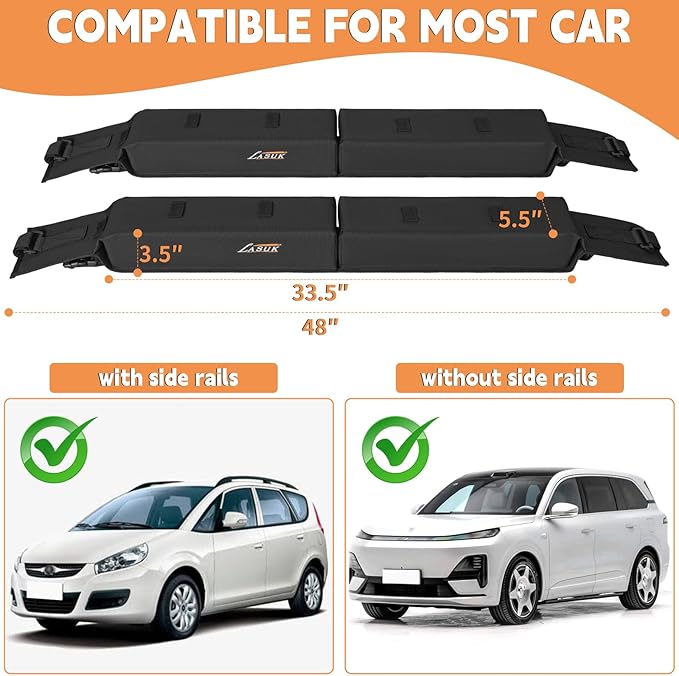 Universal Soft Roof Rack Pads for Kayak SUP Surfboard Snowboard Canoe, Heavy Duty Car Roof Rack System with 2 Tie Down Straps, 4 Quick Loop Straps, 2 Hood Loops, Tie Down Ropes and Storage Bag