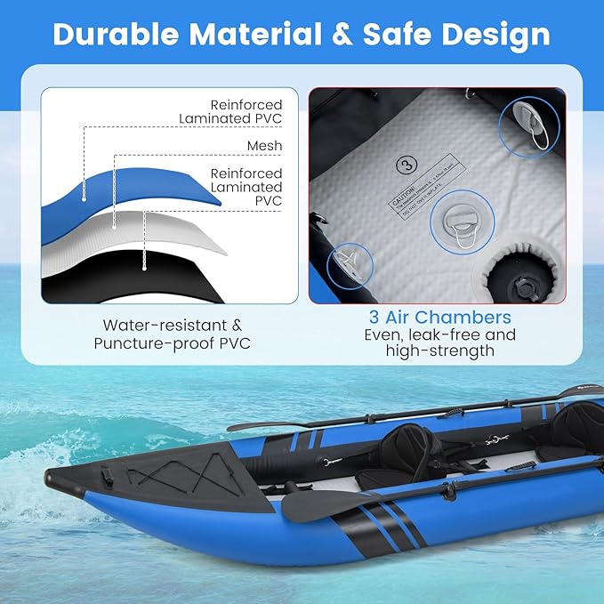 GYMAX Inflatable Kayak, 12.5Ft 507lbs Tandem Kayak with 2 Aluminum Paddles, 2 Padded Seats, Footrests, 2 Fins, Hand Pump, Carry Bag & Repair Kit, 2 Person Fishing Touring Kayak for Adults