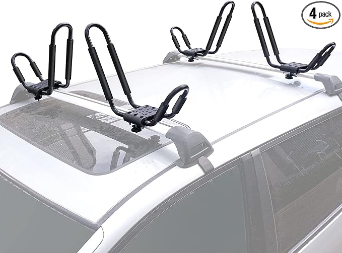 XCAR Universal 2 Pairs Kayak Roof Rack for Surfboard Paddleboard Canoe SUP Boat Skiboard- Rooftop J Bars Carriers Holders for Vehicle Car SUV - Roof Top Mount Kayaks Carrier with 4pcs Straps