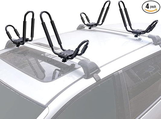 XCAR Universal 2 Pairs Kayak Roof Rack for Surfboard Paddleboard Canoe SUP Boat Skiboard- Rooftop J Bars Carriers Holders for Vehicle Car SUV - Roof Top Mount Kayaks Carrier with 4pcs Straps