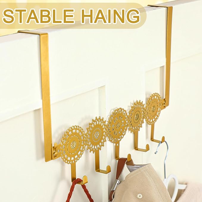 Gold Bohemian Over The Door Hooks Hanger Wall Mount Towel Hanger Door Holder Organizer 5 Hooks Kawaii Farmhouse Rustic Coquettish Style Decor for Bedroom Bathroom Towel Hat Clothes