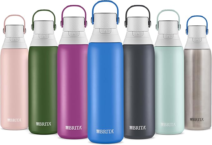 Brita ステンレス製プレミアム浄水ボトル、BPAフリー、再利用可能、断熱、プラスチック製水ボトル300本分相当、フィルター寿命2ヶ月または40ガロン、フィルター1個付き、ステンレス - 20オンス