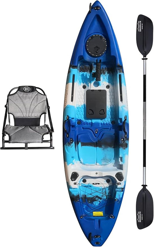 Brooklyn 9.2 Sit-On-Top Single Fishing Kayak by BKC, Lightweight Solo Kayak with Dry Hatches, Rod Holders & Accessory Rails for Lakes & Rivers (Upright Seat or Memory Foam Seat)