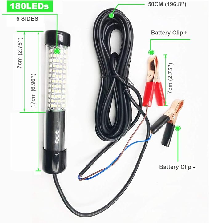 Submersible Fish Finder, Underwater Lure Bait Light, Fish Attracting Lamp, Night Fishing Light, Boat Fishing Light, Pool Light 12V 10.8W 180 LEDs 1080 Luminous IP68 with 5M Cord