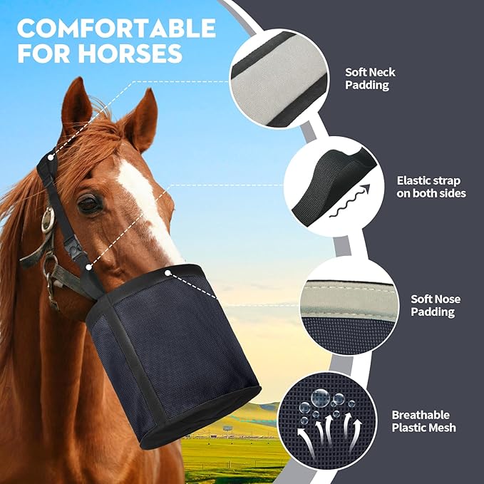 Horse Feed Bag 2 PCs, Breathable Mesh Feed Bags for Horses, Muzzle Feedbag for Feeding Grain, Anti-Spill Design Feeder, Soft Neck Pad Nose Pad, Universal Fit (Darkblue)