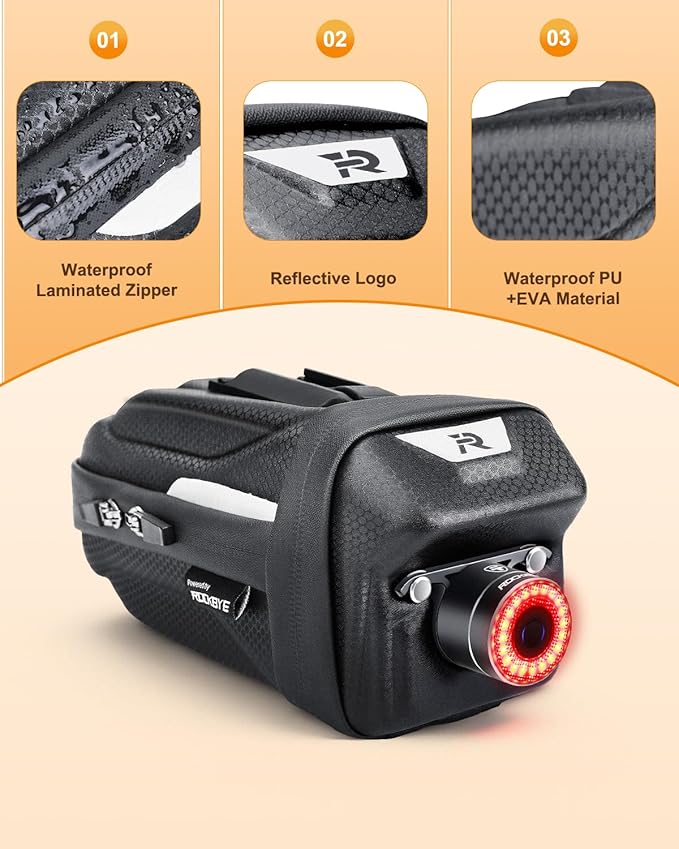 Bike Saddle Bag with Taillight, 2.0L Waterproof & Easy-Install Bicycle Saddle Bag, 3D Shell Cycling Seat Pack for Road/E-Mountain Bikes, Durable Storage Bag for Cyclists